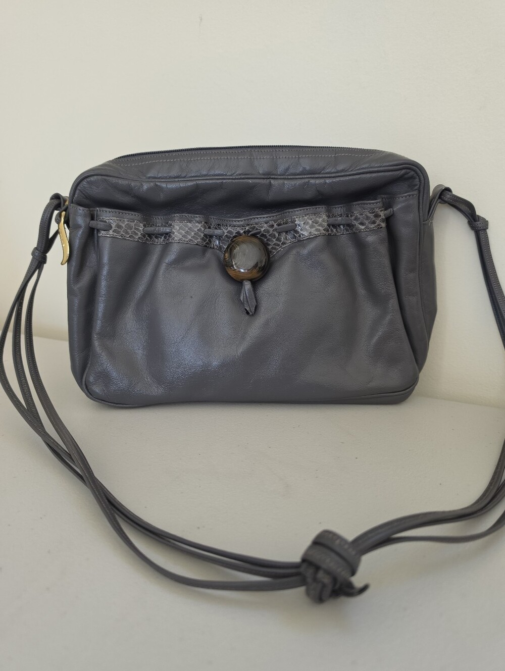 Vintage Sharif Grey Leather Shoulder Bag  Snakeskin Trim